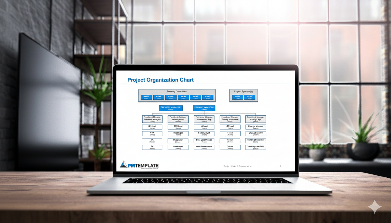 PMTemplate 3 Free Templates product showcase with project organization chart and professional tools