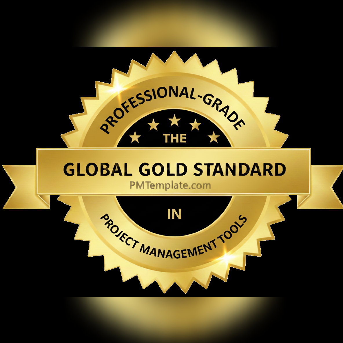 Gold badge declaring 'Professional-Grade Global Gold Standard in Project Management Tools' on a black background at PMTemplate.com