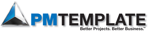 Logo of PMTemplate.com with a blue and silver triangle and text 'PM Template' on a white background.